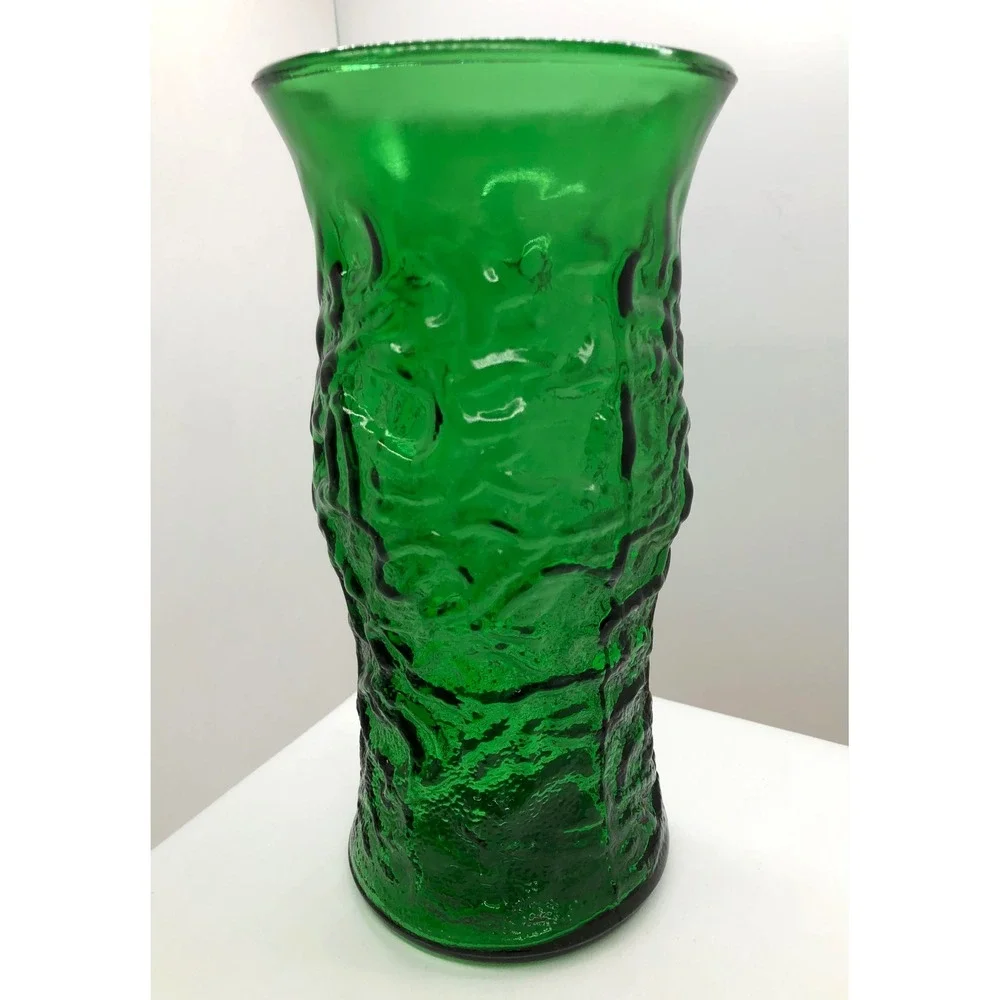 Emerald Green Textured Bark Glass Vase Mid Century Modern‎ Style Flared 9.5 inch